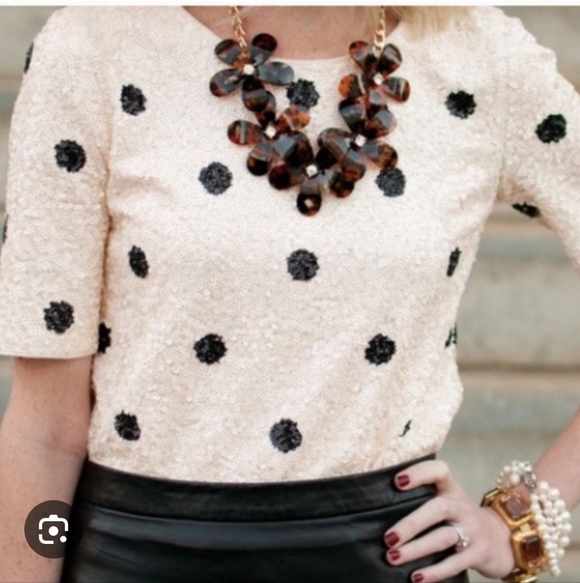J. Crew Sequin Cream Sweater with Black Polka Dots Sz M - Picture 3 of 9